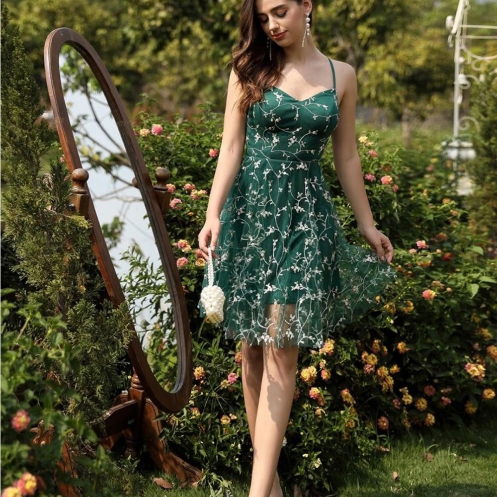 Embroidery Mesh Lace-Up Back Cami Dress
